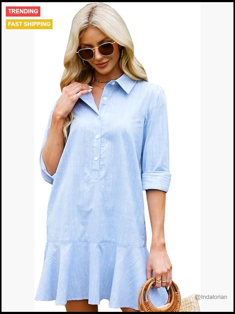 Cotton Linen Long Sleeve Tunic Mini Shirt Dress With Pockets